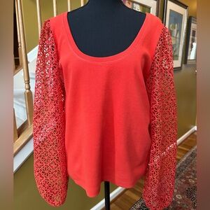 Maeve Anthropologie Orange Ribbed Crochet Sleeve Top